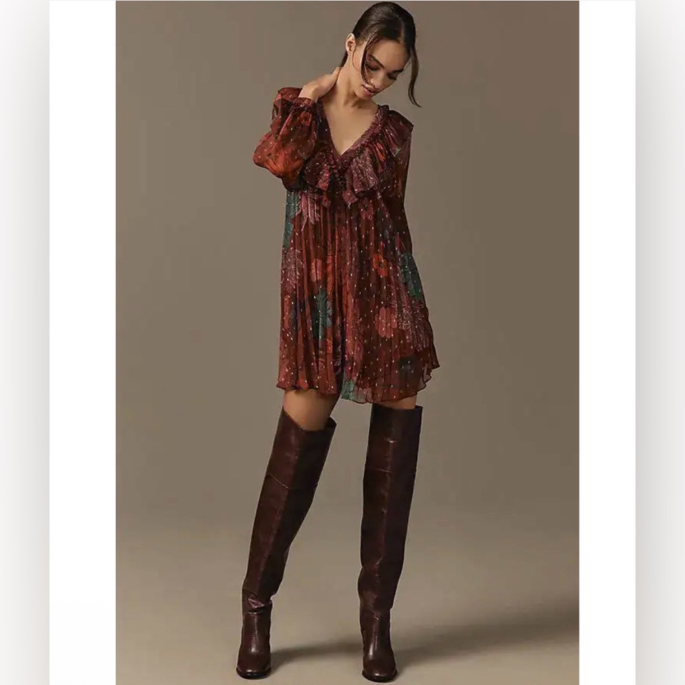 ANTHROPOLOGIE 
Long-Sleeve Ruffle Swing Mini Dress - Multicolor Floral V-Neck